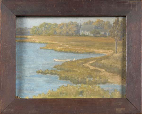 Appraisal: ARTHUR BAGGS Oil on board painting depicting a boat along