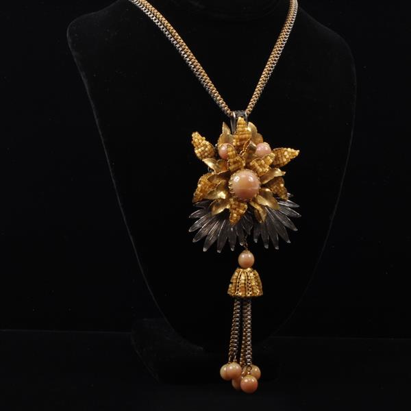 Appraisal: Miriam Haskell Beaded Brass Silvertone Floral Necklace with Coral Glass