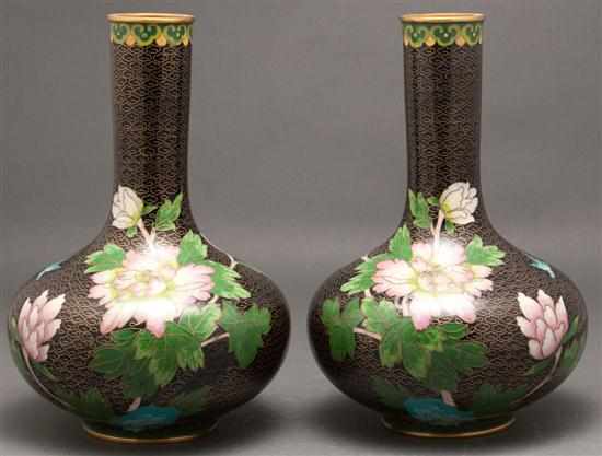 Appraisal: Pair of Chinese cloisonne enamel vases bottle form peony and