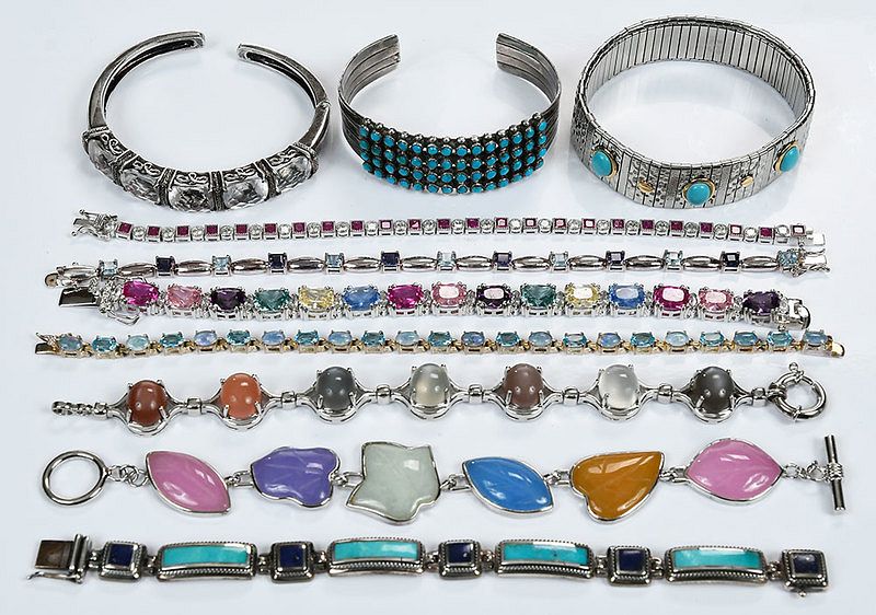 Appraisal: Ten Sterling Silver Bracelets assorted cut synthetic stones all stamped