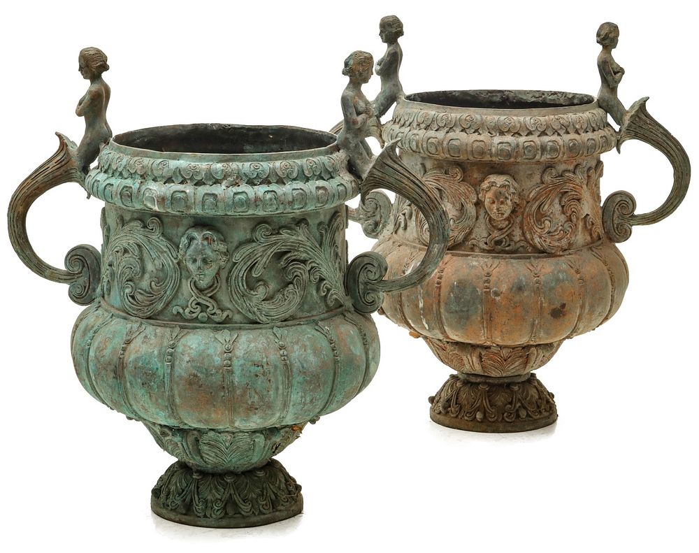 Appraisal: A PAIR LATE TH CENTURY BRONZE GARDEN URNS The pair