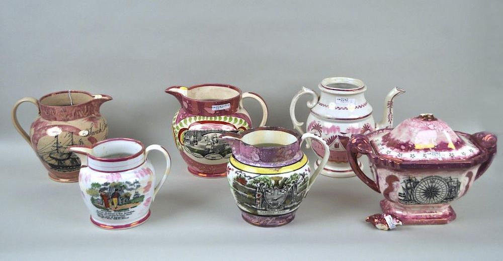 Appraisal: Four Sunderland Lustre Jugs Tureen A Teapot including four jugs