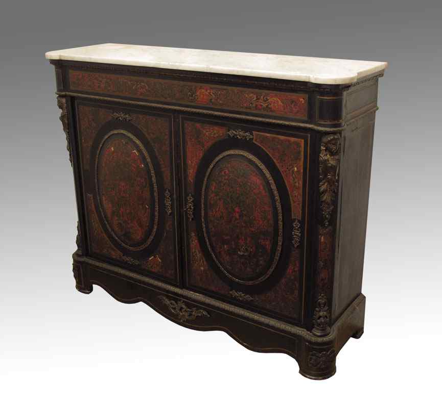 Appraisal: BOULLE INLAY MARBLE TOP CREDENZA Marble top over doors with