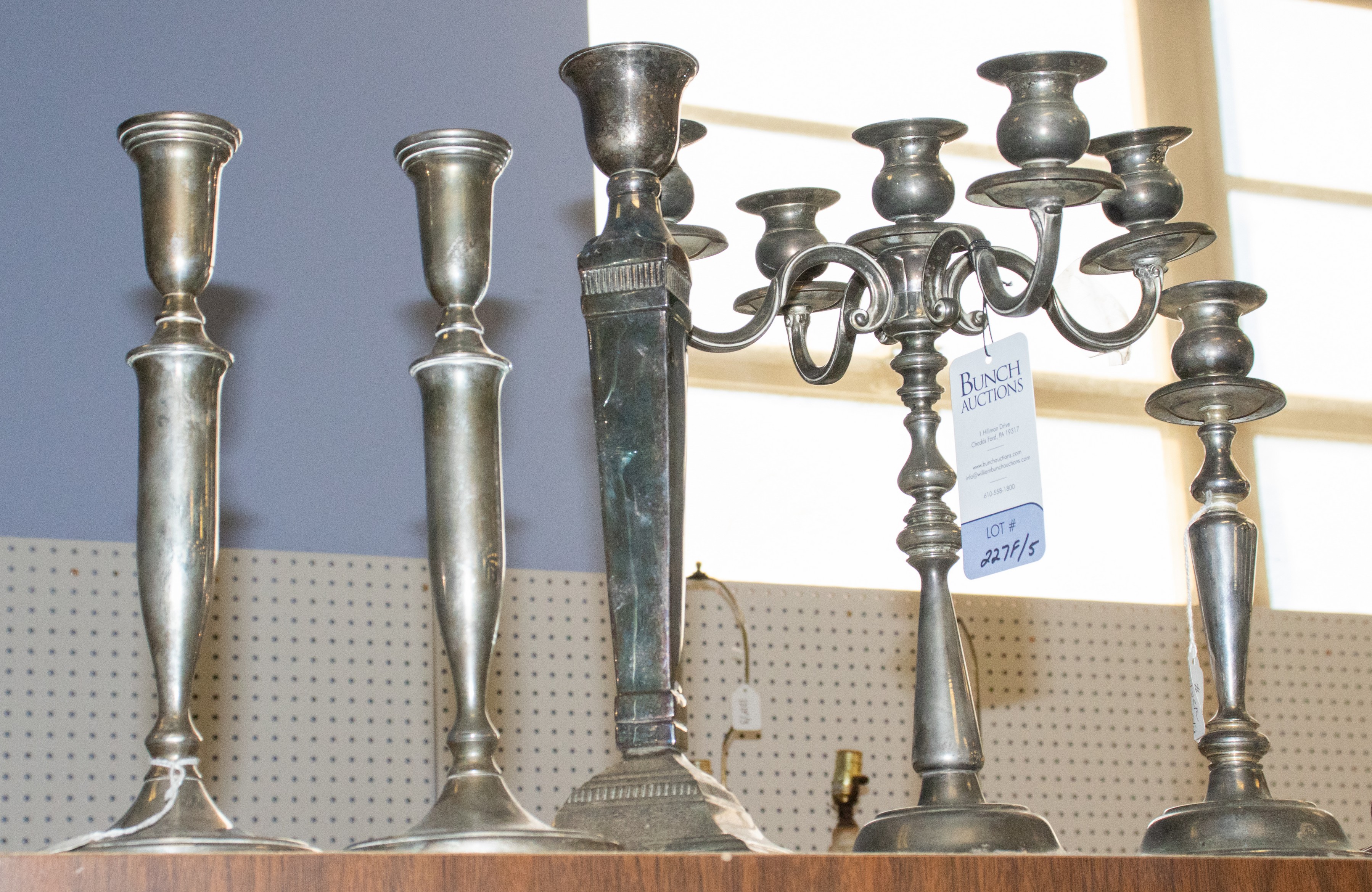 Appraisal: Silver plate candlesticks including - pair -light candelabra bent stem