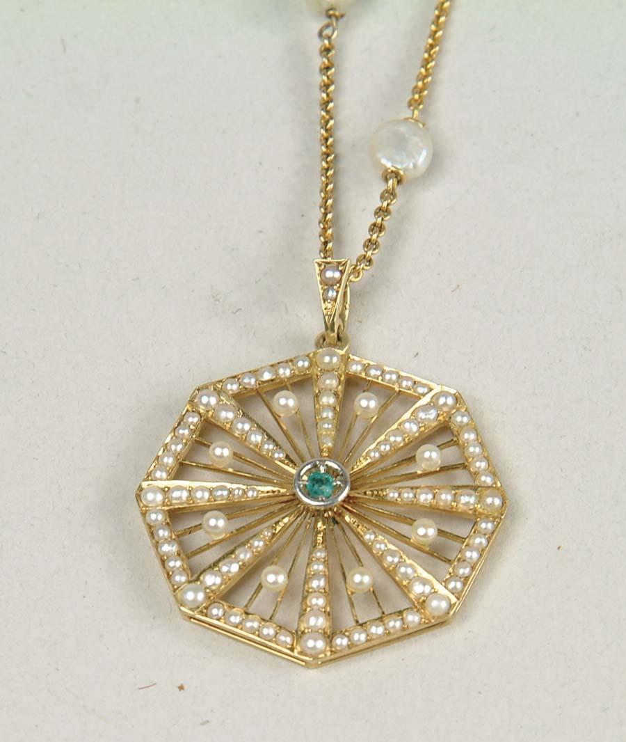 Appraisal: K GOLD SEED PEARL AND EMERALD NECKLACE Gold necklace has