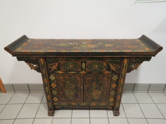 Appraisal: Oriental Offering Cabinet lacquerwarewith bird and floral two drawers over