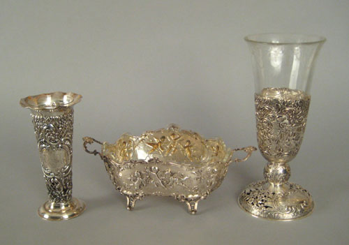 Appraisal: German silver bowl late th c with glass inserts h