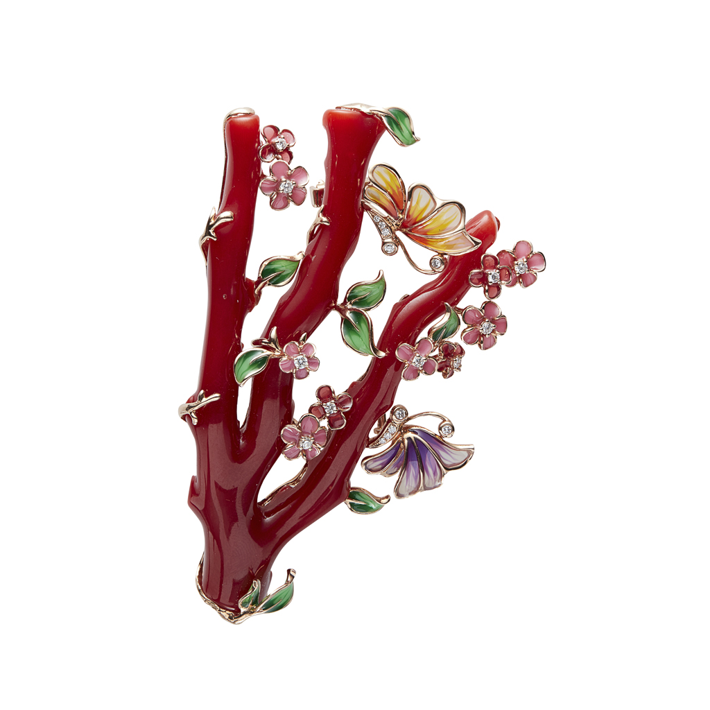 Appraisal: YA coral and enamel set brooch composed of a three