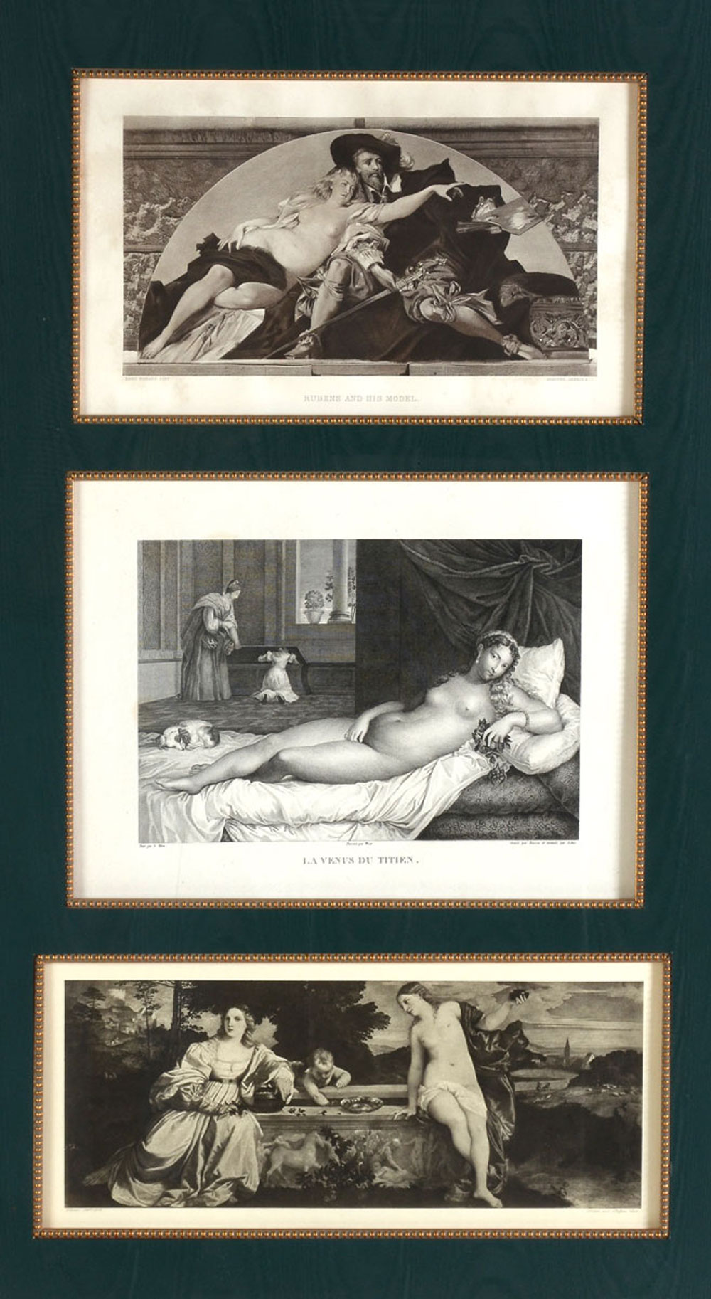 Appraisal: LARGE FRAMED TRIO OF NUDE PRINT AND GRAVURES Exquisite custom