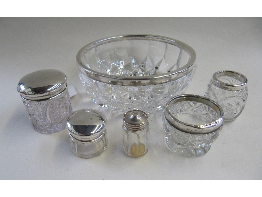 Appraisal: Lot comprising sterling silver mounted bowl silver mounted salts and