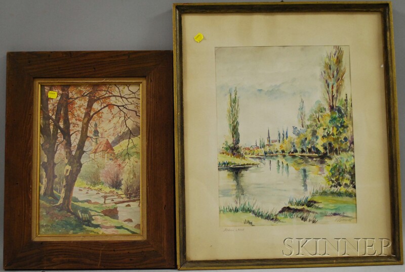 Appraisal: Two Framed Watercolor European Landscapes c s Stream with Bridge