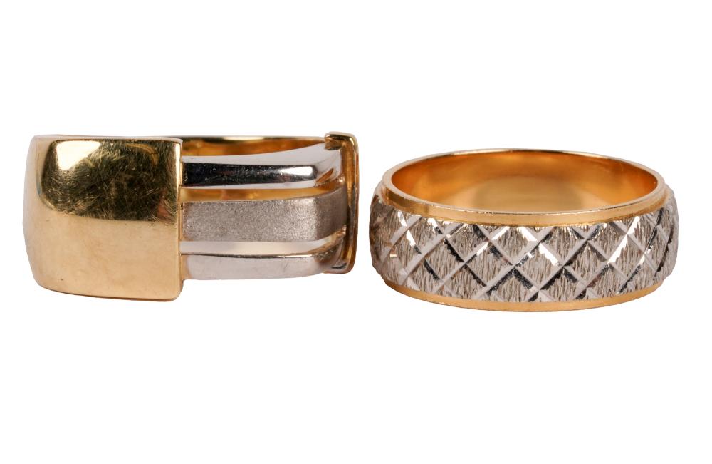 Appraisal: TWO KARAT GOLD TWO-TONE BAND RINGSthe textured band size grams