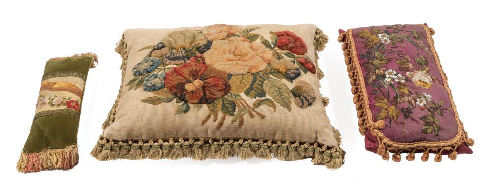 Appraisal: Group of Three Decorative Pillows incorporating Elements incl Victorian beadwork