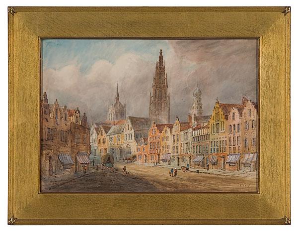 Appraisal: DUTCH SCHOOL CITYSCAPE OF ANTWERP Watercolor on paper illegible signature