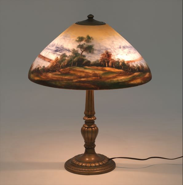 Appraisal: JEFFERSON SIGNED CHIPPED ICE REVERSE PAINTED LAMP WITH ANTIQUED GILT