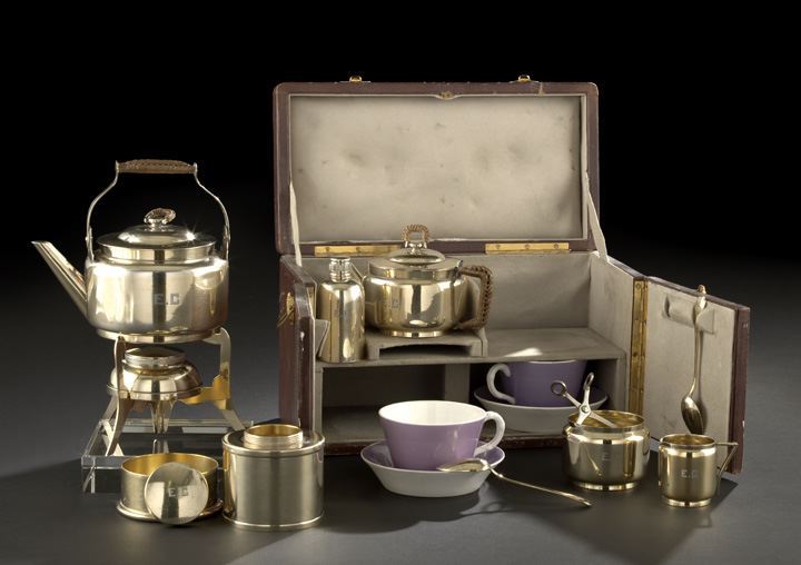 Appraisal: Fine French Cased Gilt Silverplate Christopher Dresser Traveling Tea Set