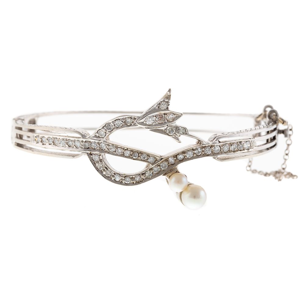 Appraisal: A Vintage Pearl Diamond Bangle Bracelet in K K white