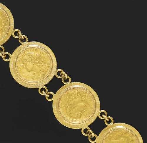 Appraisal: COIN BRACELET ca Yellow gold g Decorative bracelet of six