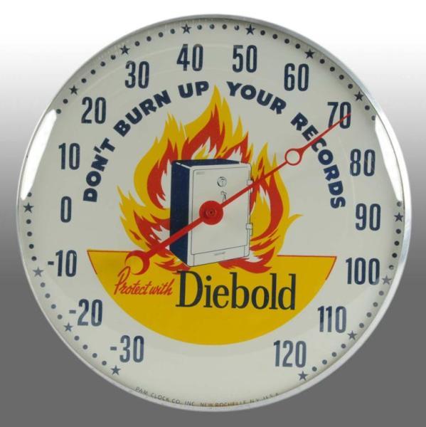 Appraisal: Diebold Safe Round Pam Thermometer Description Rare Unusual face depicting