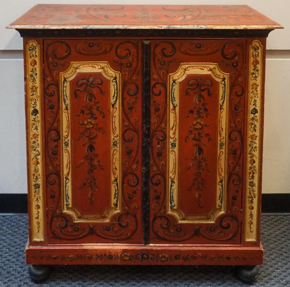 Appraisal: CONTINENTAL POLYCHROME AND RED PAINTED DOUBLE DOOR SIDE CABINET X