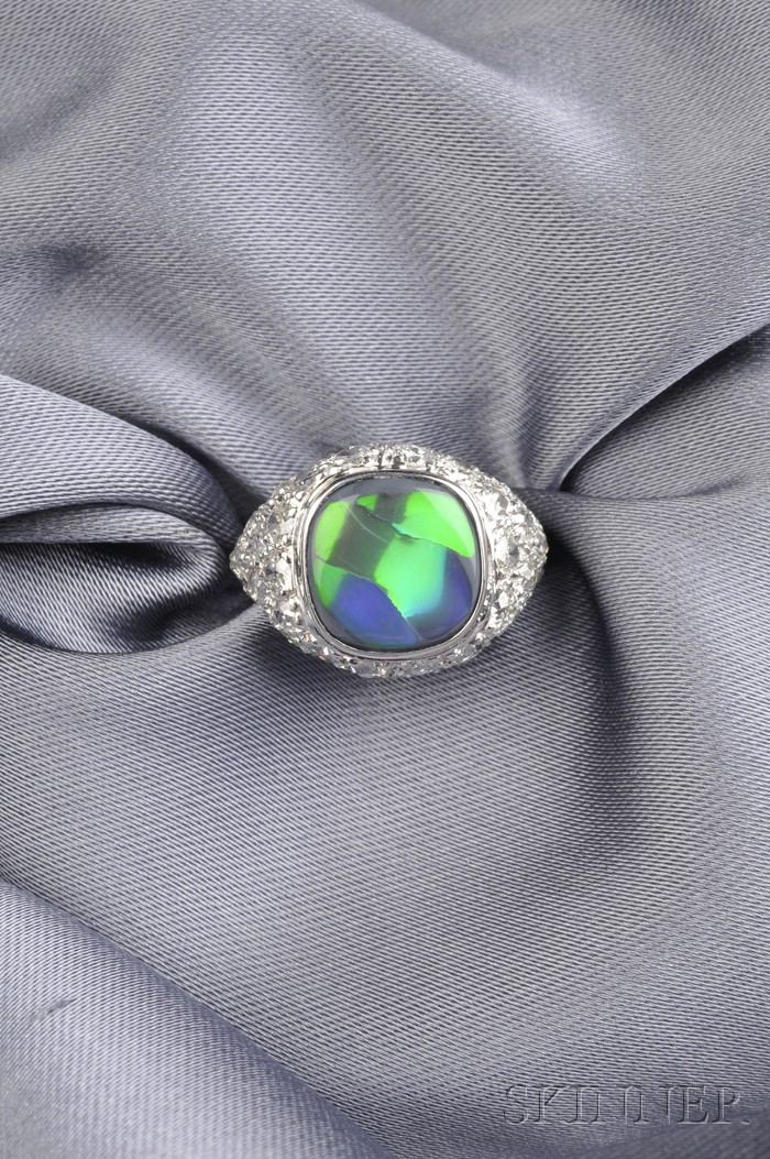 Appraisal: Platinum Black Opal and Diamond Ring centering a cushion-shaped black