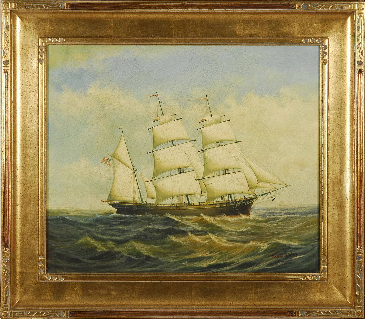 Appraisal: FRAMED PAINTING An American bark under sail Signed lower right