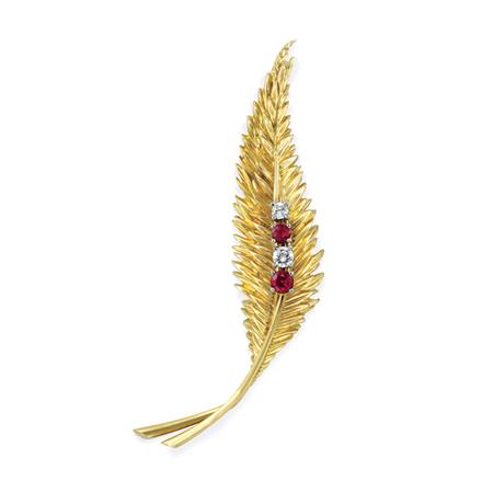 Appraisal: Gold Ruby and Diamond Feather Brooch Van Cleef Arpels Estimate