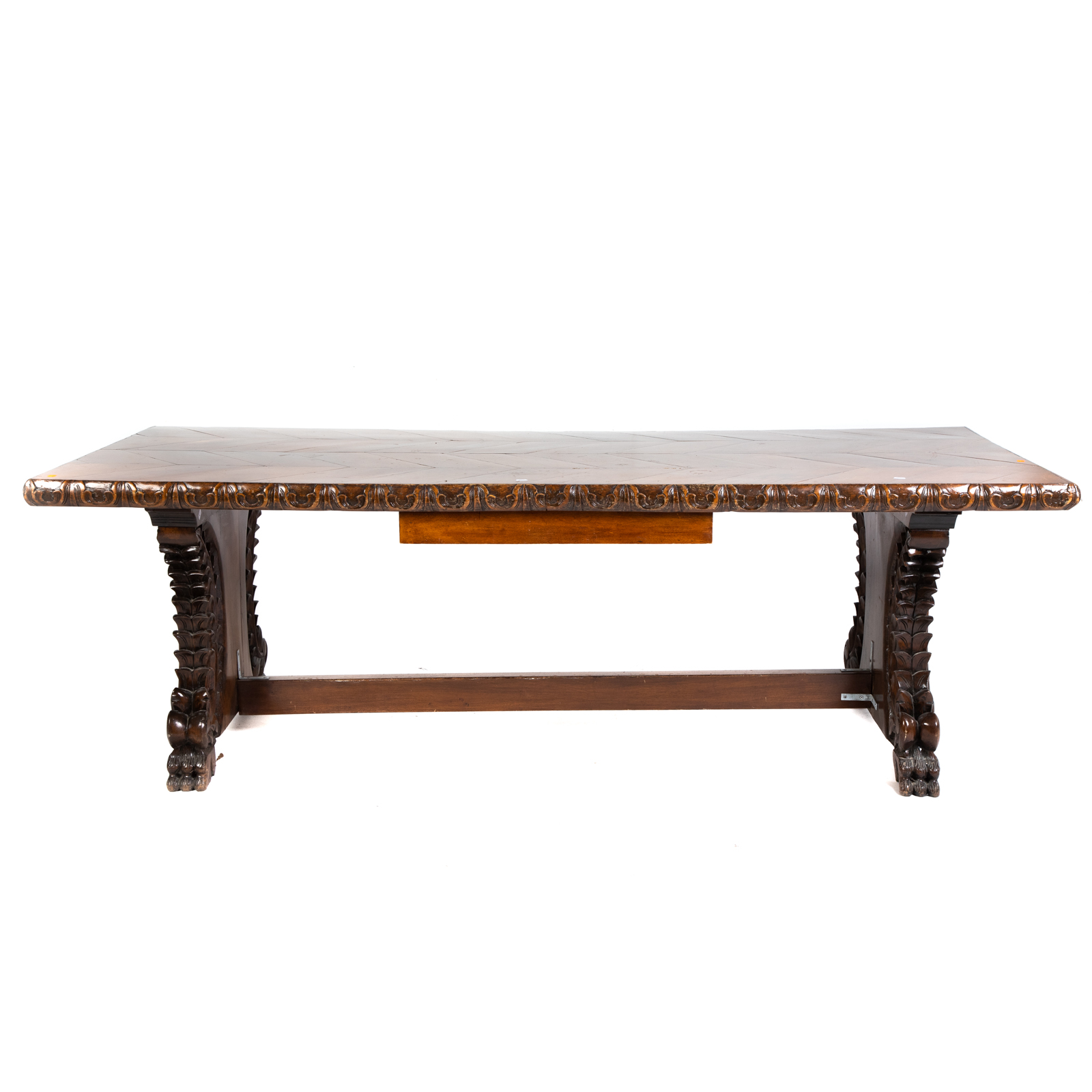 Appraisal: CONTINENTAL CARVED OAK LIBRARY TABLE th century elaborately carved edge