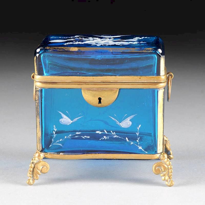 Appraisal: A BOHEMIAN BLUE GLASS GILT METAL MOUNTED CASKET CIRCA A