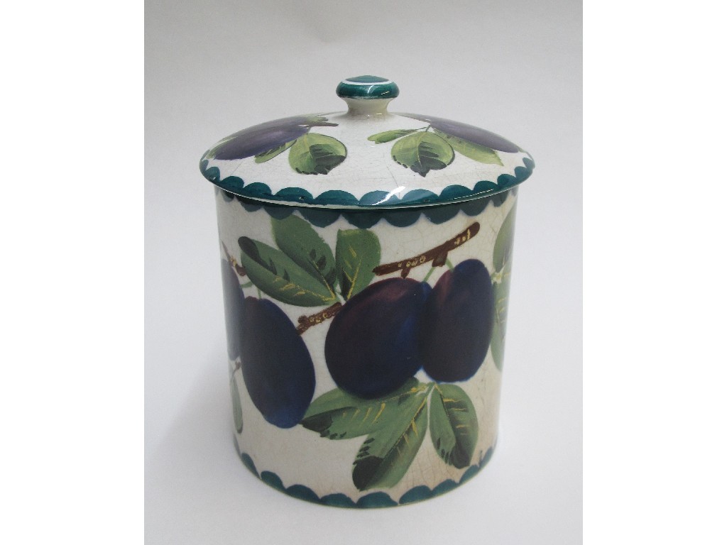 Appraisal: A Wemyss biscuit barrel with lid decorated with damsons painted