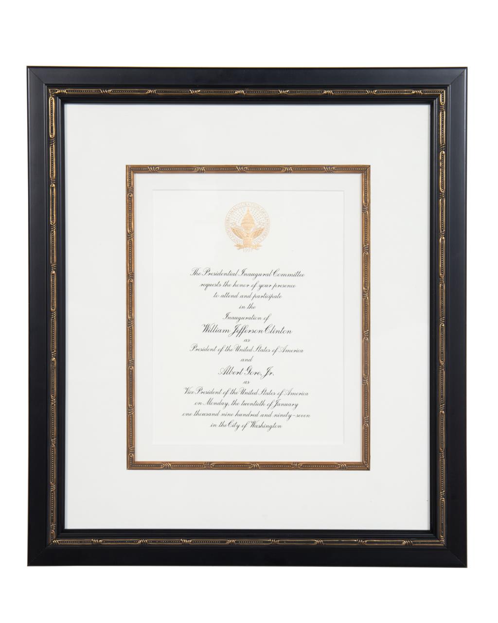 Appraisal: FRAMED BILL J CLINTON INAUGURATION INVITATION Framed William Bill J