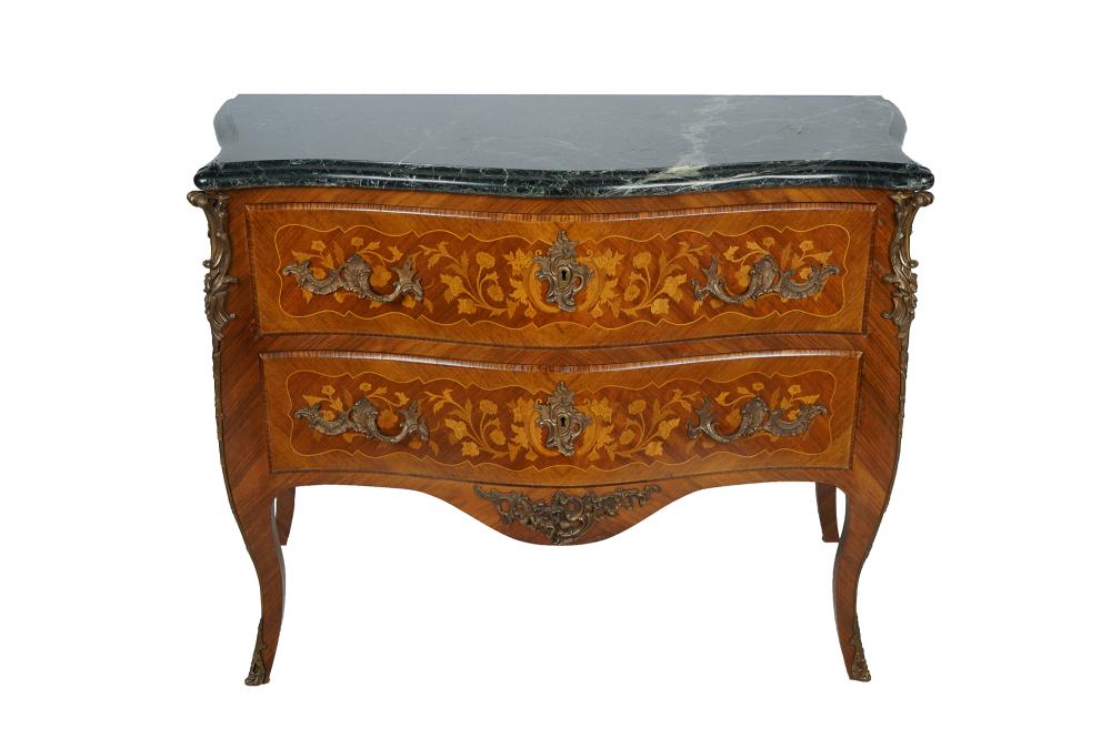 Appraisal: MARQUETRY-INLAID MARBLE TOP COMMODEmid- th century with illegible handwritten signature