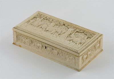 Appraisal: An Indian ivory rectangular box the hinged lid carved with