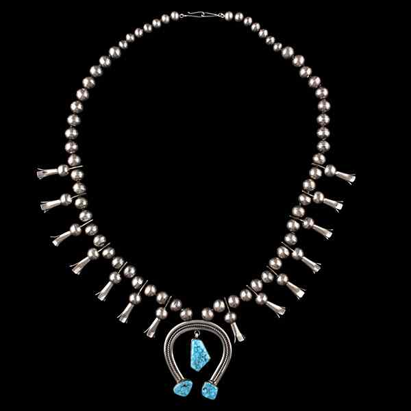 Appraisal: Navajo Silver and Turquoise Squash Blossom Necklace with hand-filed beads