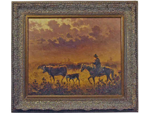 Appraisal: Well executed oil on canvas of cowboys trailing herefords in