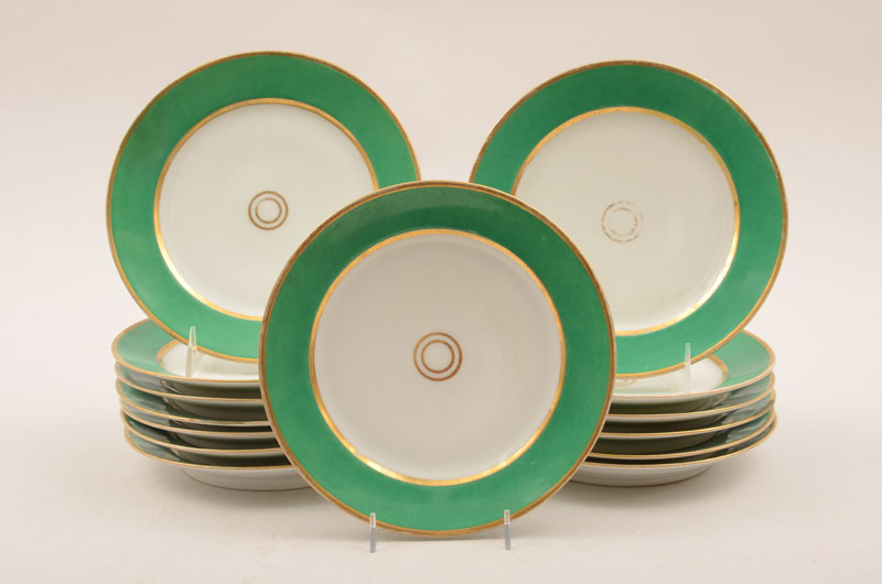 Appraisal: Set of Fourteen Paris Porcelain Plates With gilt-edged apple green