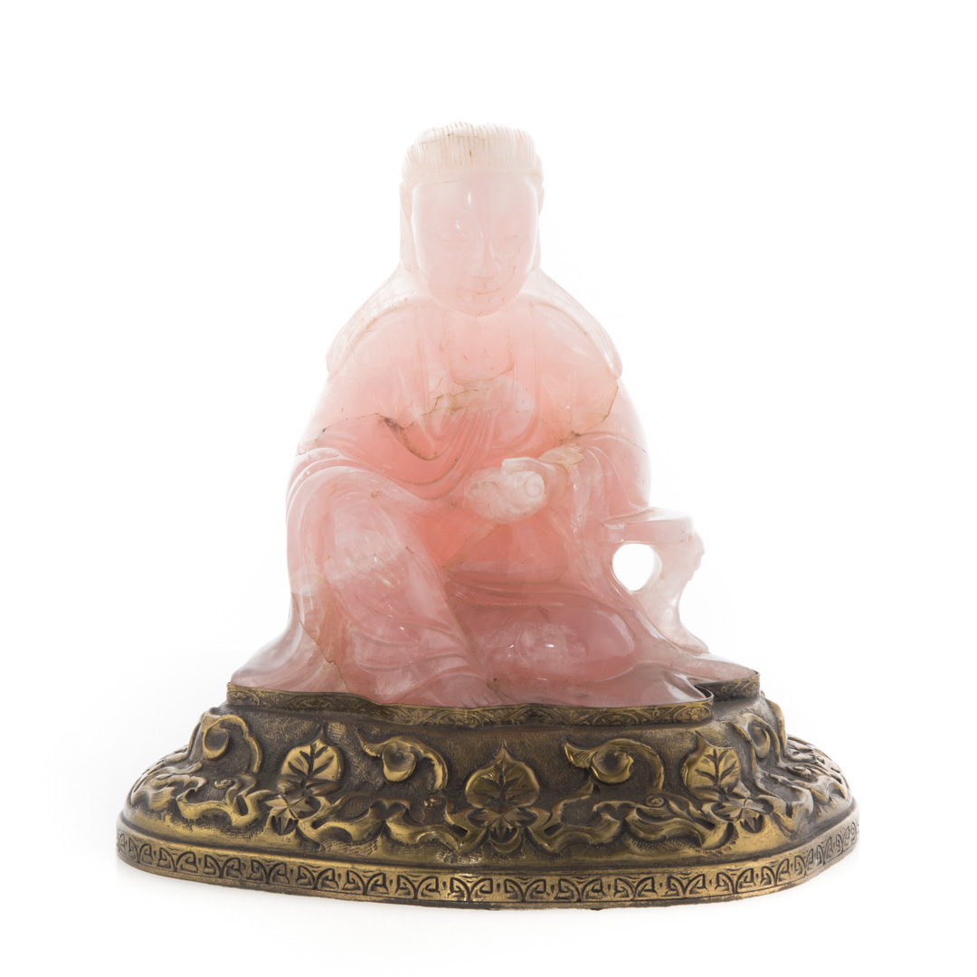 Appraisal: Chinese carved rose quartz Buddha late th century on brass