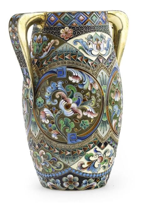 Appraisal: A Russian silver-gilt and shaded cloisonn enamel two-handled vase maker's