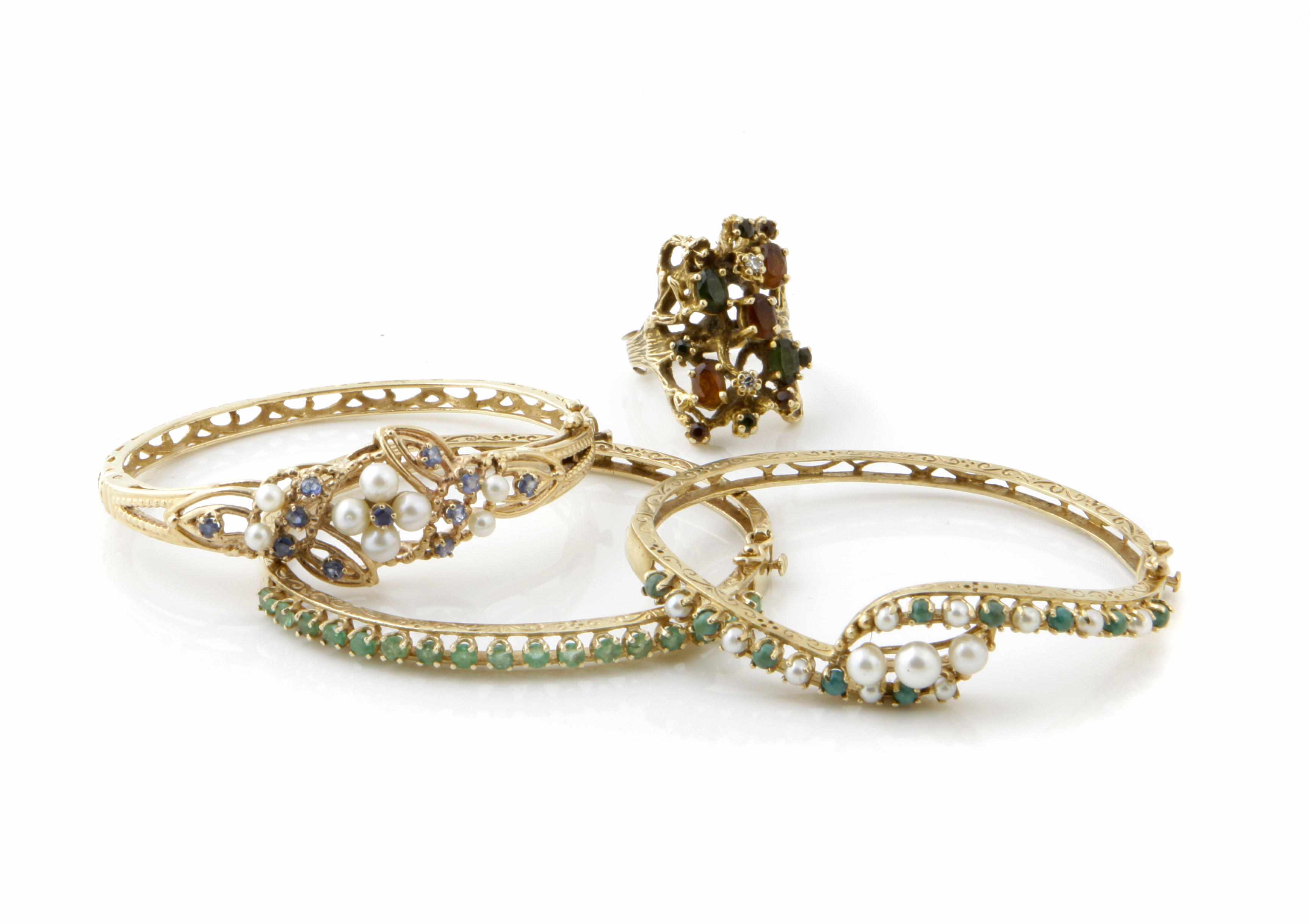 Appraisal: A collection of gem-set enamel and gold jewelry comprising bracelets