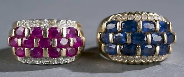 Appraisal: Two sapphire and ruby yellow gold ring A collection of