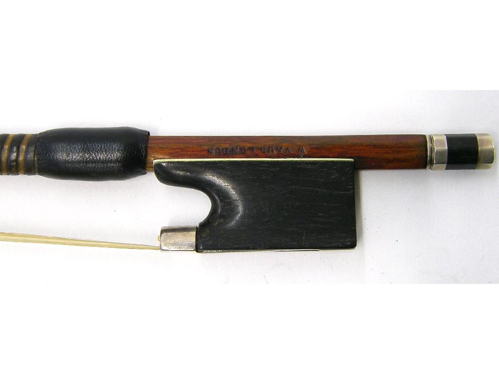 Appraisal: English silver mounted violin bow stamped W Vaus London the