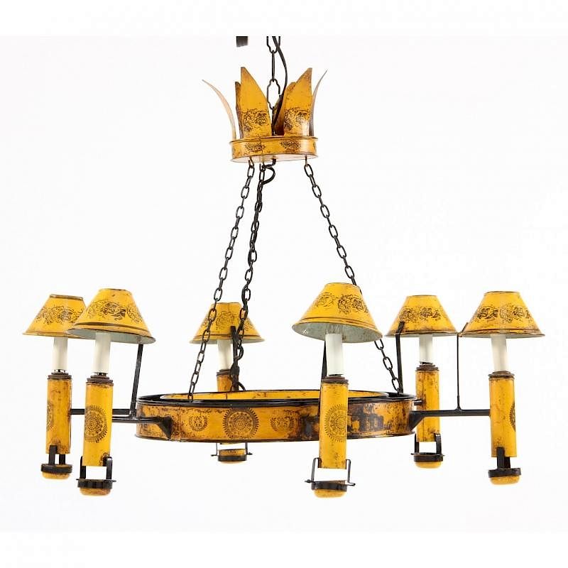 Appraisal: French Toleware Chandelier mid th century six light form yellow