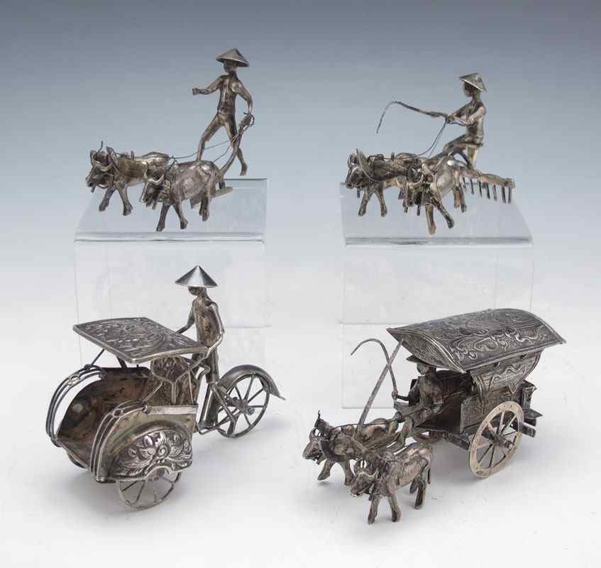 Appraisal: FOUR SILVER ORIENTAL FIGURAL GROUPS All marked SH Delux Rickshaw