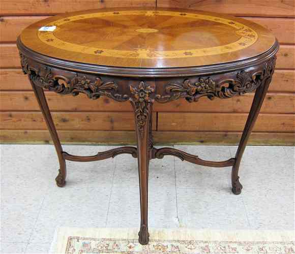 Appraisal: LOUIS XV STYLE CARVED AND INLAID WALNUT LAMP TABLE American