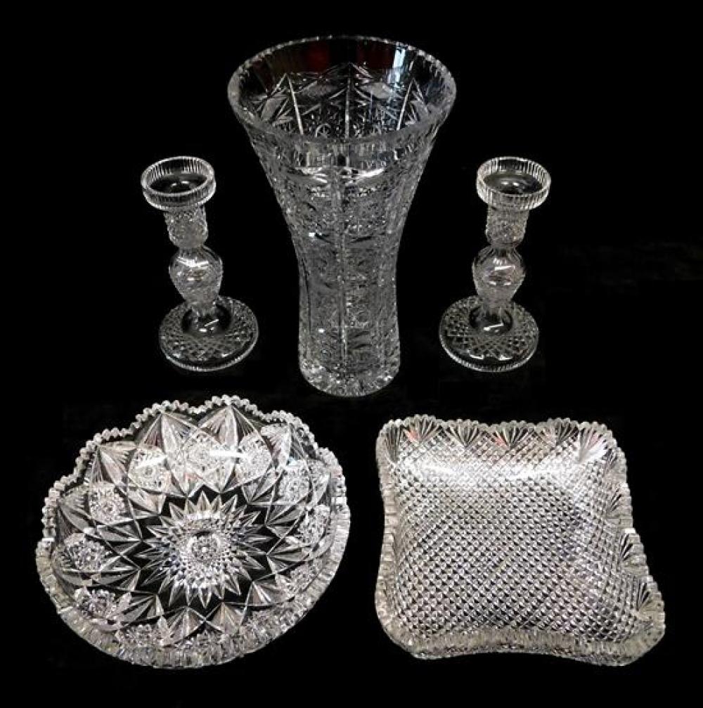 Appraisal: GLASS Cut glass assortment five pieces tall vase tapered waist