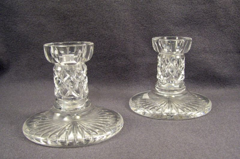 Appraisal: Pair Waterford Crystal Low Candleholders Acid etch marked Waterford Measures