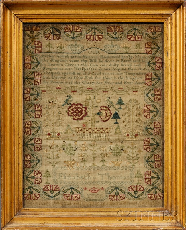 Appraisal: Needlework Sampler Elizabeth Thomas England or America worked in silk