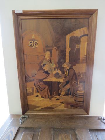 Appraisal: Fine Marquetry Inlaid Wood Plaque wine tasting with monks and