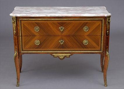 Appraisal: LOUIS XV-XVI TRANSITIONAL-STYLE GILT-METAL-MOUNTED AND INLAID KINGWOOD COMMODE The pink