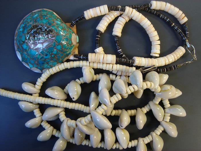 Appraisal: Beaded Necklaces Including shells abalone and turquoise agate bolo tie